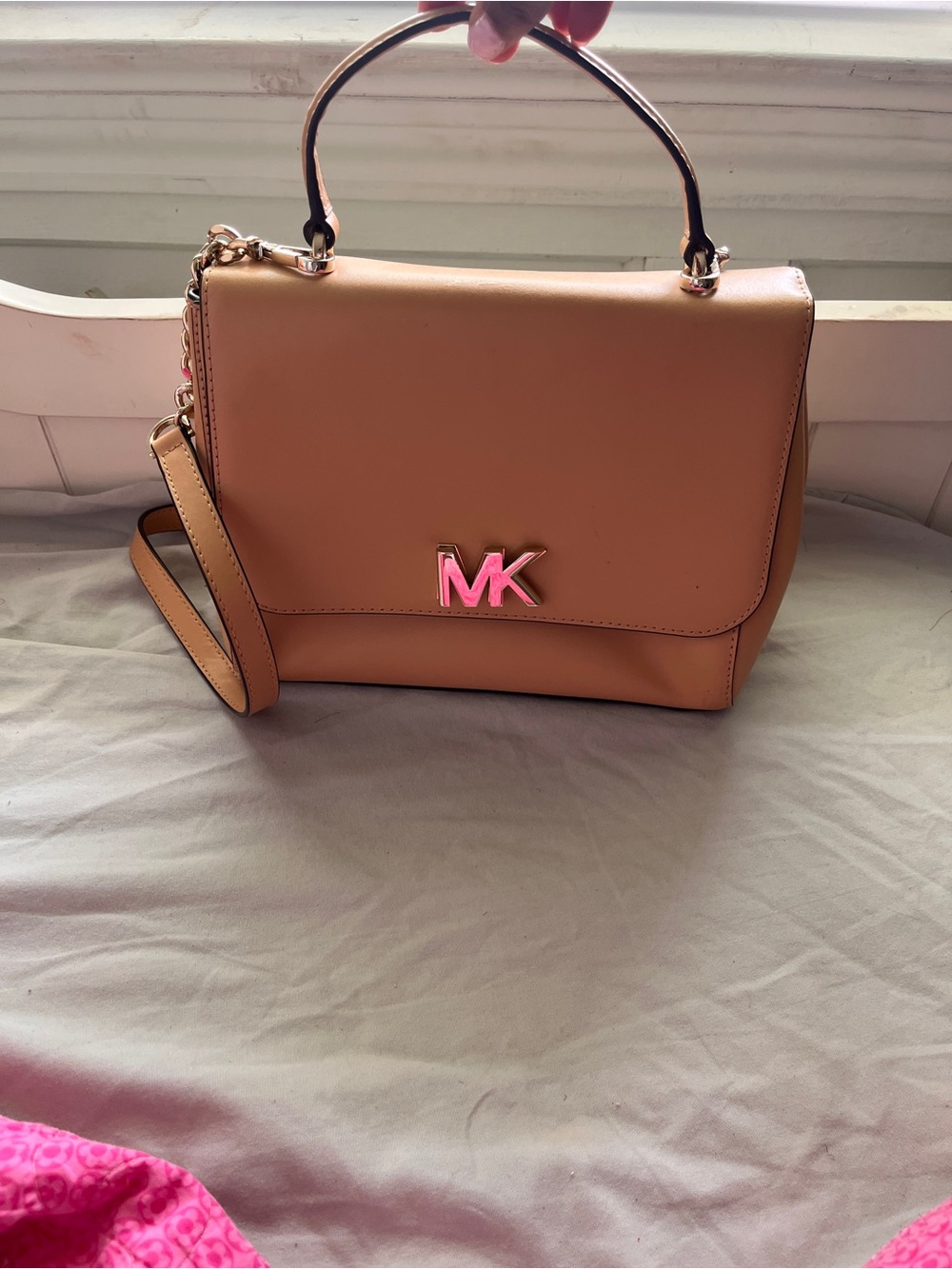 Michael Kors Camel Leather Top-Handle Satchel with Gold MK Hardware